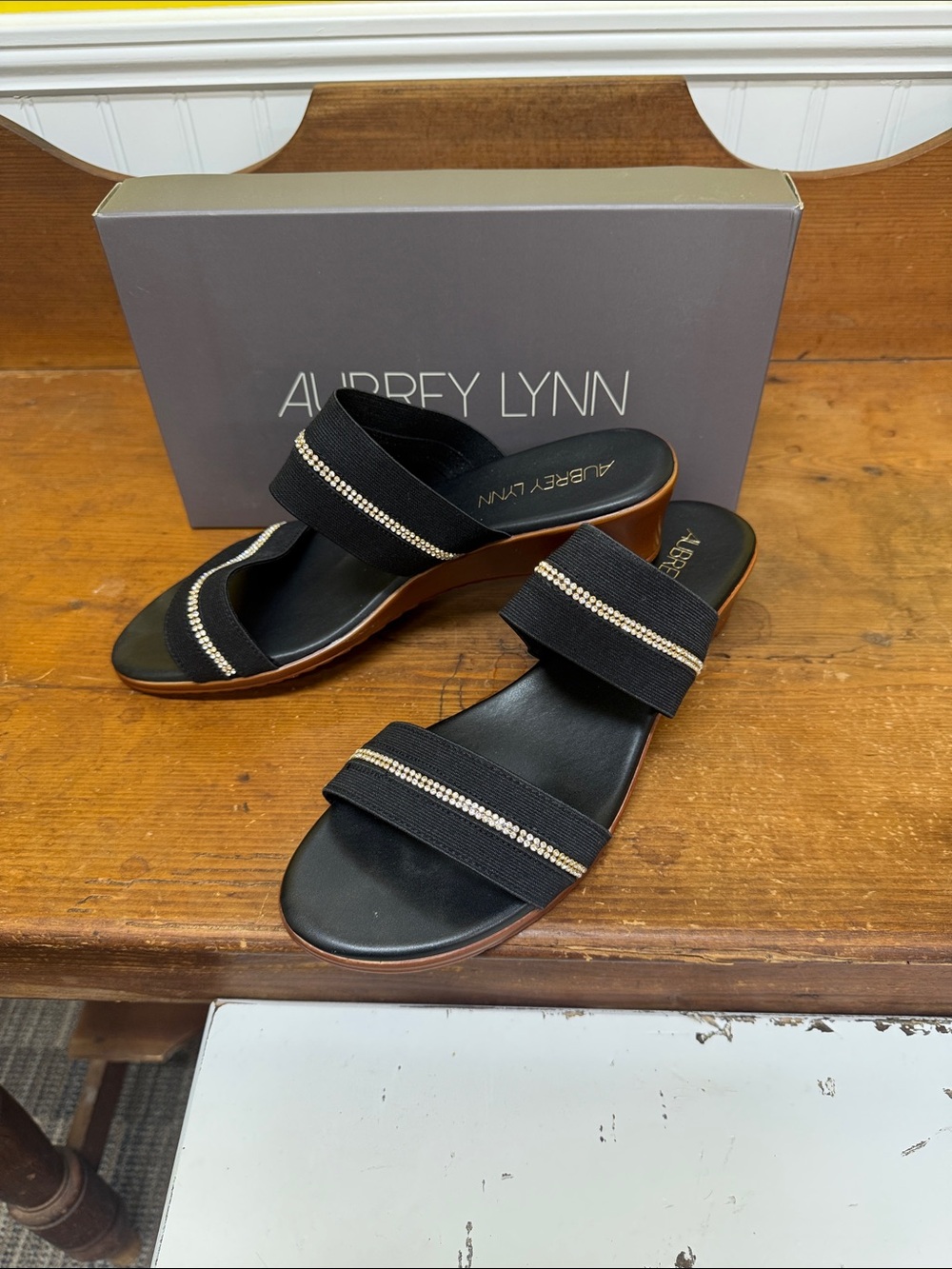 Aubrey Lynn Black Dual-Strap Slide Mules with Sparkle Trim